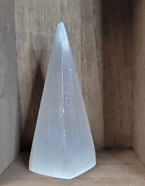 Satin Spar Selenite Tall Pyramid Carving