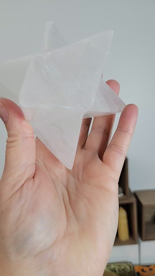 Satin Spar Selenite Merkaba Carving